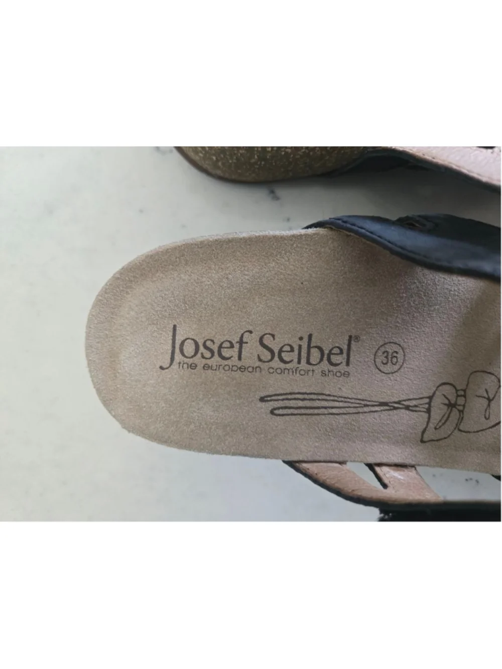 Josef Seibel Comfort Slide Sandals Black Leather Floral Accent EU 36 US 5.5-6